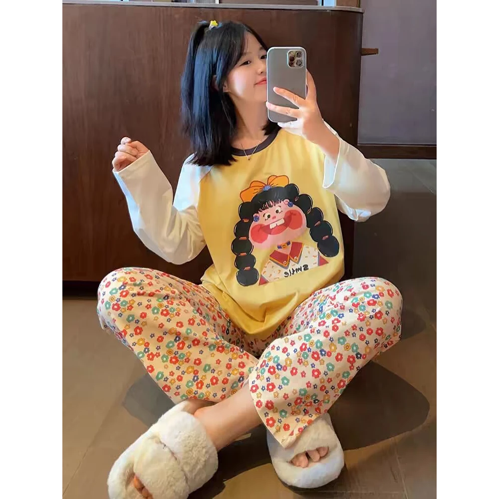 卡通大牙女孩长袖长裤纯棉睡衣女春秋圆领家居服可爱秋冬套装新款