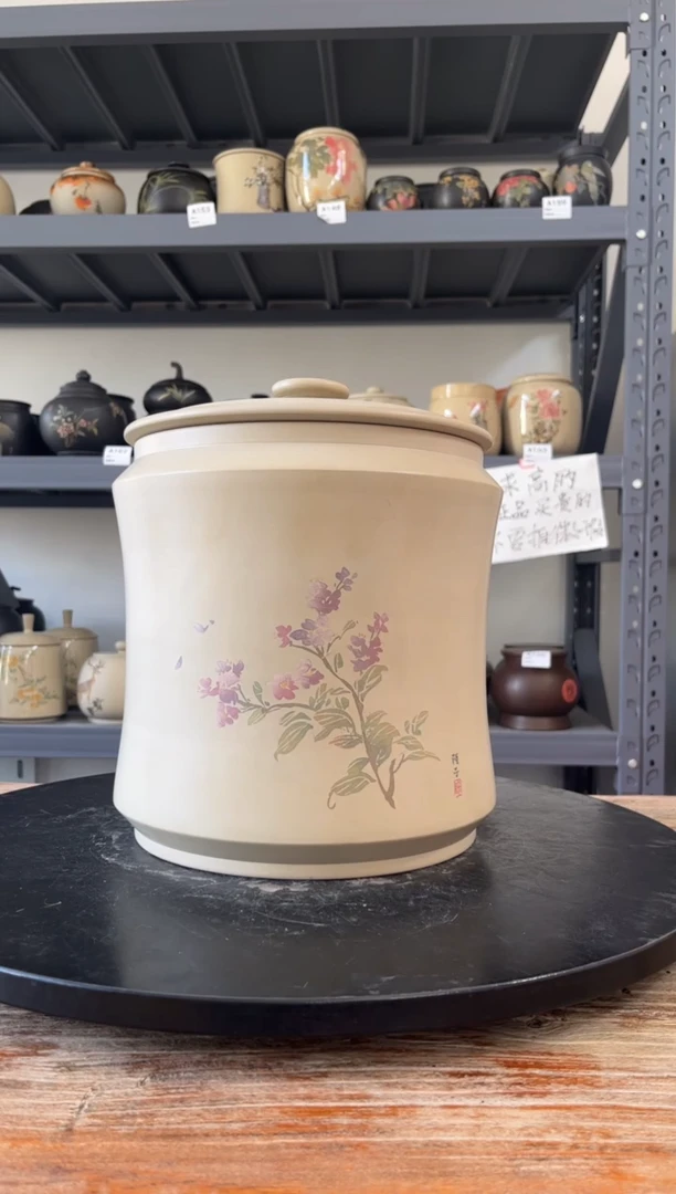 建水紫陶白泥彩绘茶罐