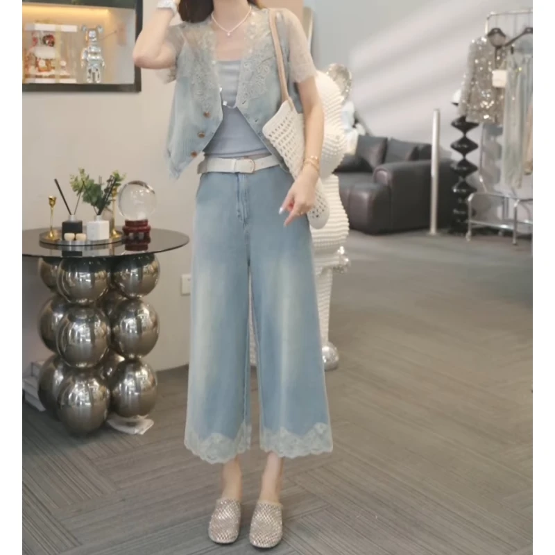 2025薄款高腰显瘦蕾丝拼接牛仔裤宽松大码胖mm小个子八分阔腿裤子
