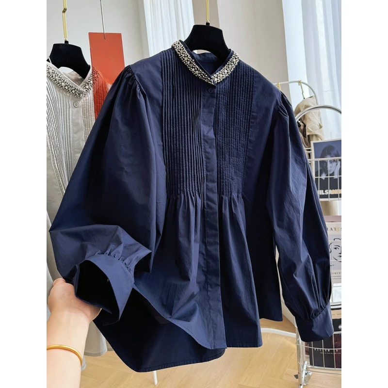 7732高级感重工定制立领纯棉长袖衬衫女韩系法式上衣超好看娃娃衫