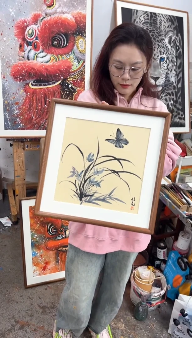【闪购商品】丙烯画早川老师兰花蝴蝶小摆台方框