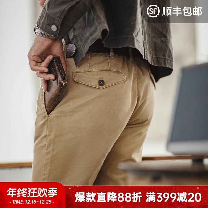 马登工装美式复古重磅卡其休闲裤阿美咔叽斜纹纯棉显瘦直筒裤男春