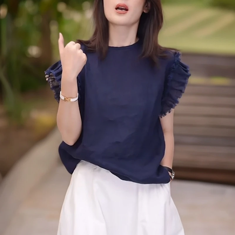 女士圆领短袖亚麻衬衫2025夏季新款洋气减龄设计感木耳边别致上衣