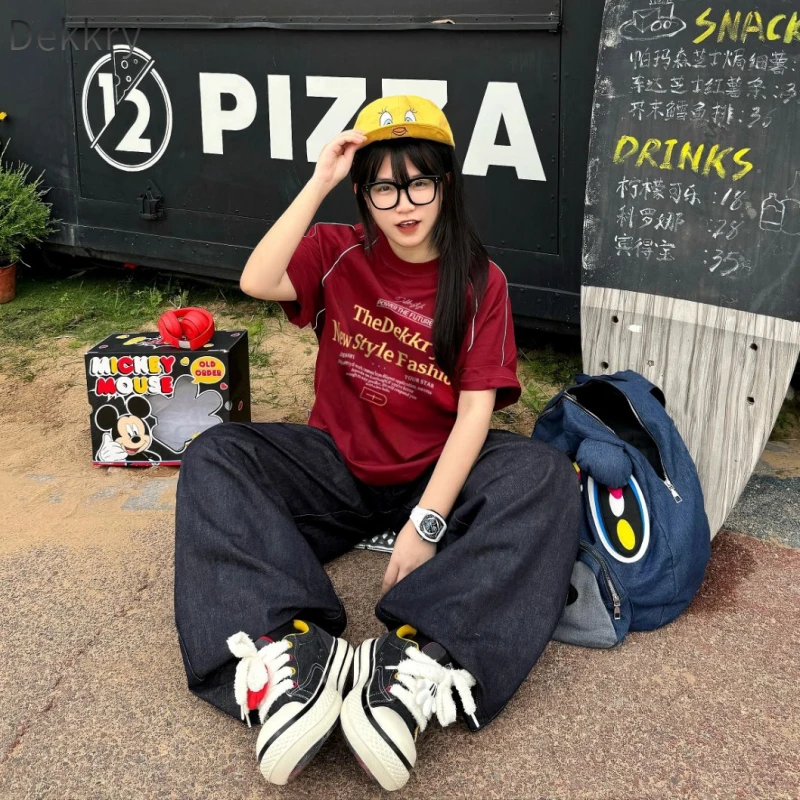 Dekkry夏季短袖国潮酒红短袖T恤国潮圆领t恤休闲运动男士潮流