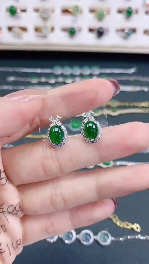 银S925镶嵌翡翠耳饰天然翡翠