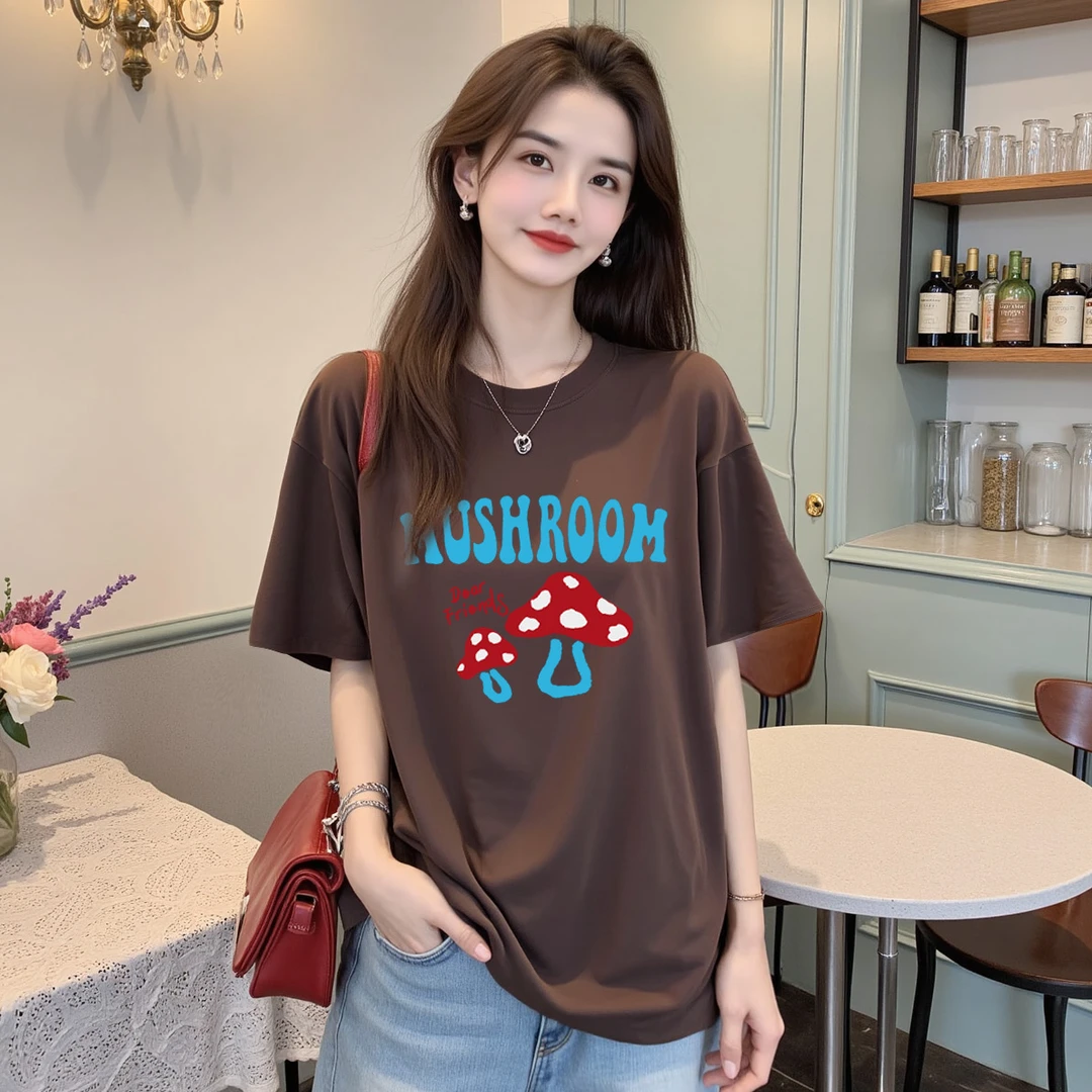 【蘑菇屋】纯棉宽松显瘦短袖T恤印花圆领时尚休闲百搭上衣