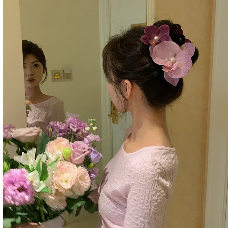 可爱发卡大号温柔觉醒易梦玲仿真蝴蝶兰花朵发夹女后脑勺氛围抓夹