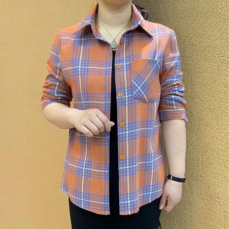 春季新款时尚百搭气质简约英伦高档格子衬衫上衣小衫大码妈妈装