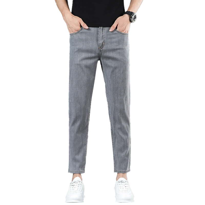 罗尔基那斯夏季薄款九分天丝牛仔裤男士修身小脚百搭弹力休闲潮牌