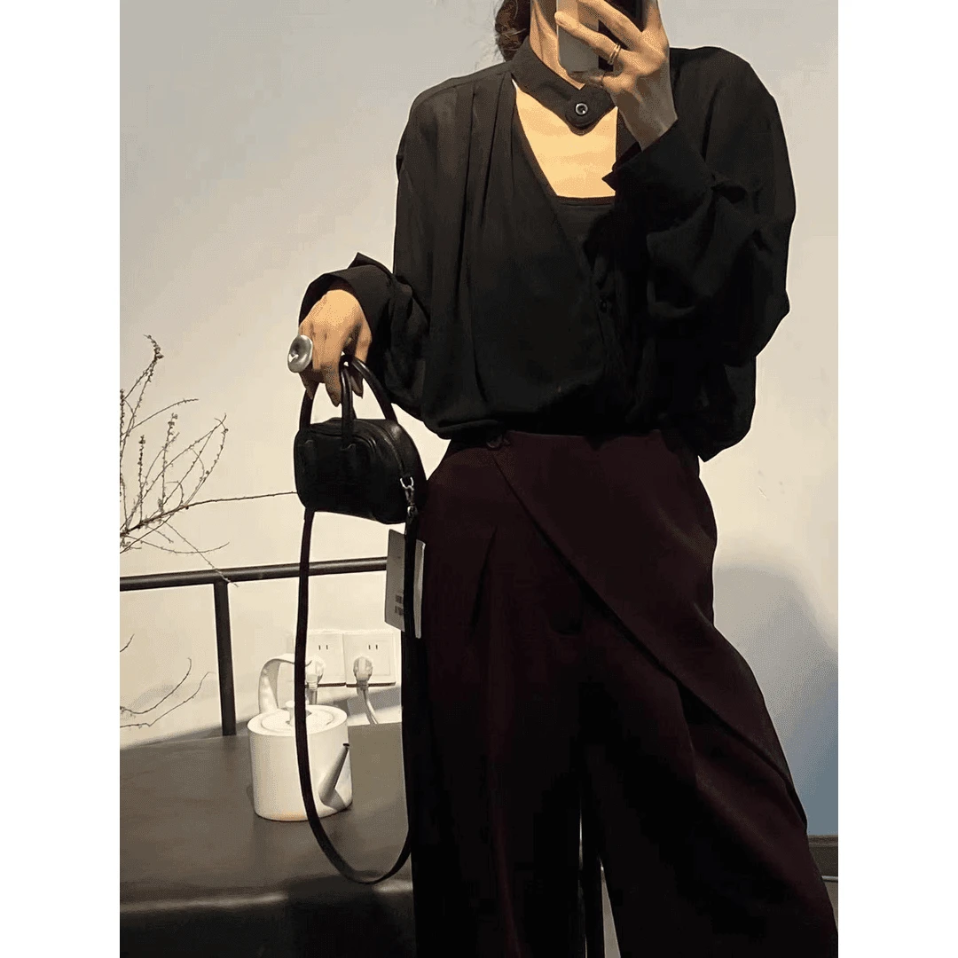 法式v领长袖衬衫女2025春季新款薄款宽松显瘦百搭别致衬衣5006