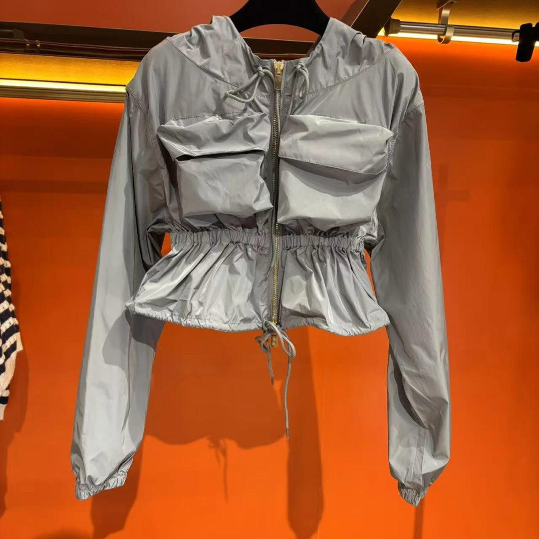 <猪猪出品>红人上新长袖灰色运动休闲春夏连帽设计师小外套372