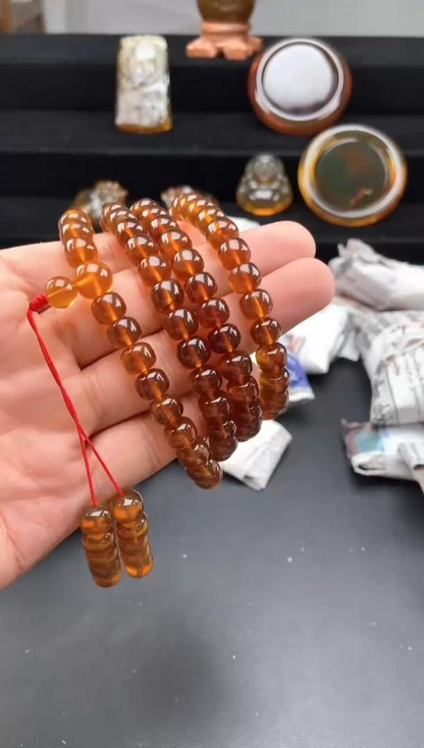 手链琥珀未镶嵌金棕红老型珠108项链