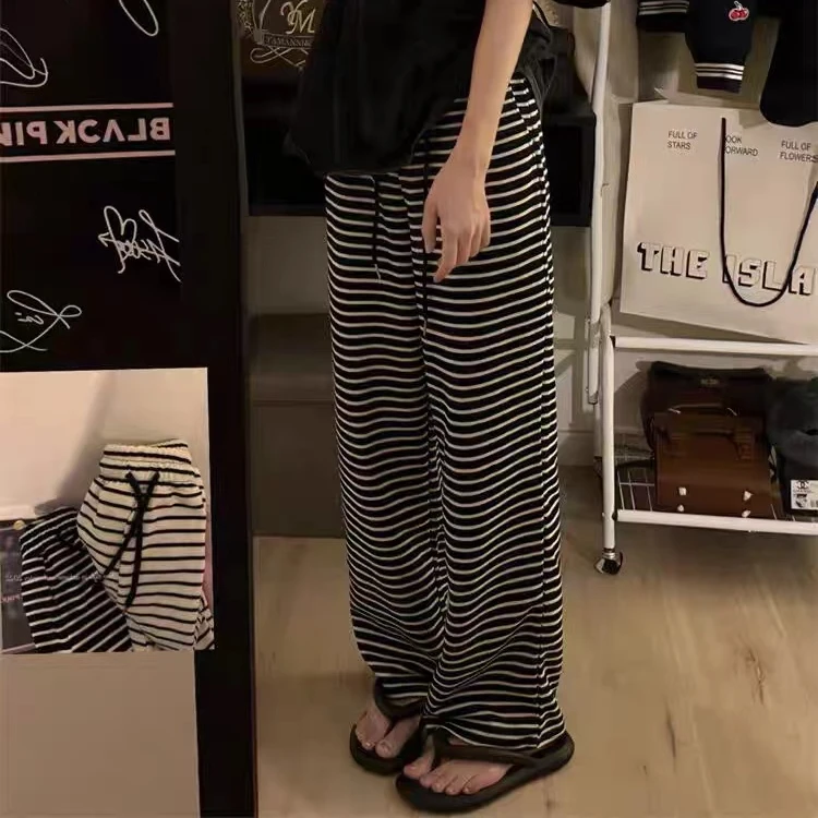 【元气爆炸】辣妹黑白条纹抽绳垂感阔腿裤-9105