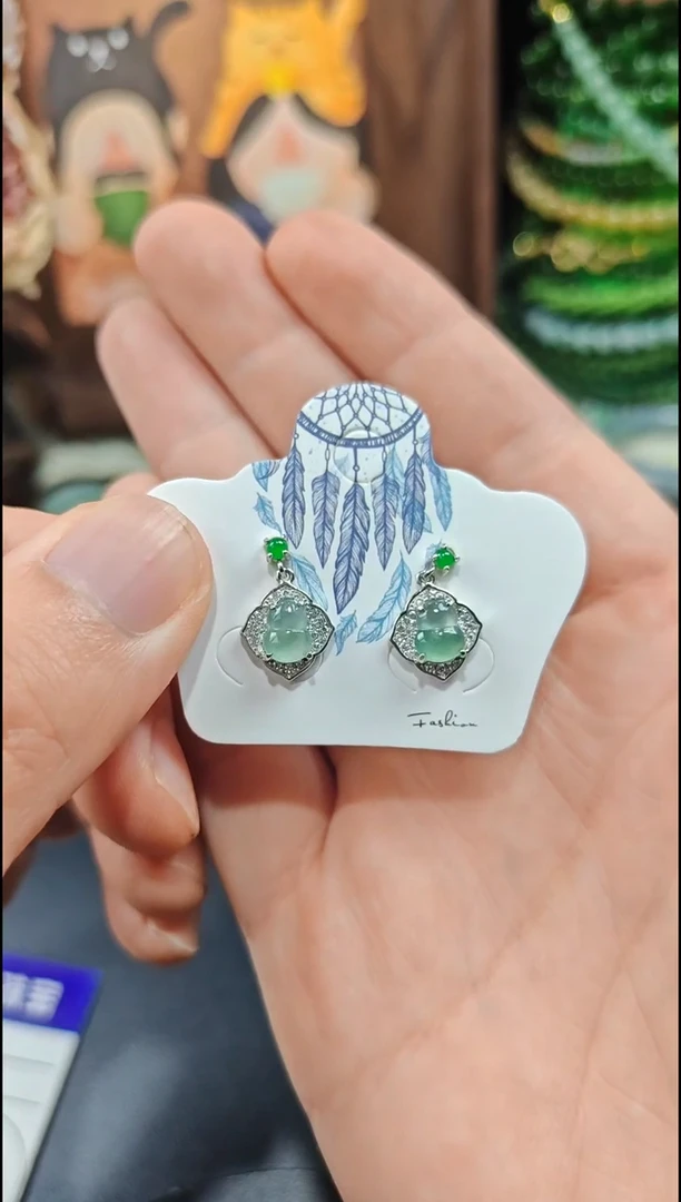 银S925镶嵌翡翠耳饰翡翠耳饰S925银镶嵌