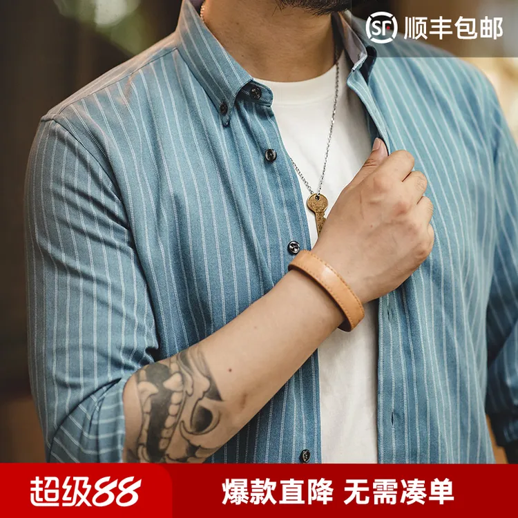 马登工装美式复古磨毛蓝色竖条纹长袖衬衫商务通勤休闲衬衣男春