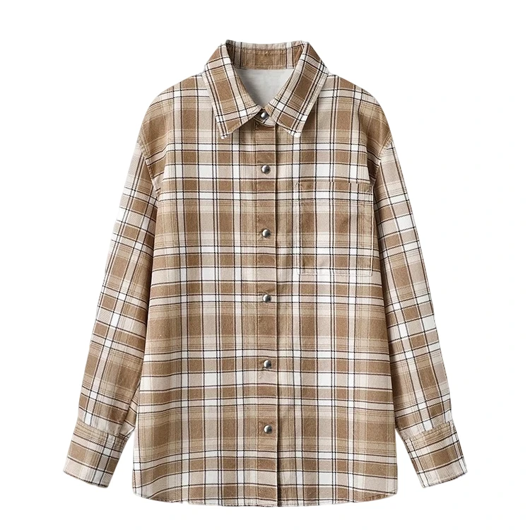 190早春新款衬衫平绒磨毛水洗卡其格纹宽松上衣A289