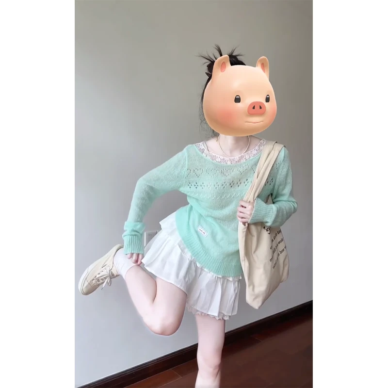 2025夏季新款拼接微透蕾丝拼接镂空罩衫韩版上衣花边百搭小众短裙