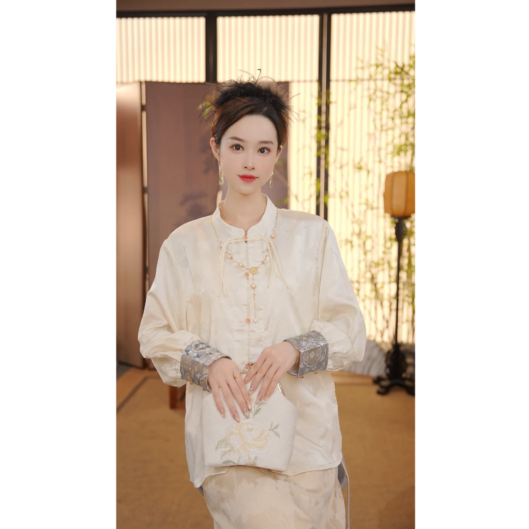 CJ碧空】2025新款白色提花衬衫立领长袖上衣FB24031001