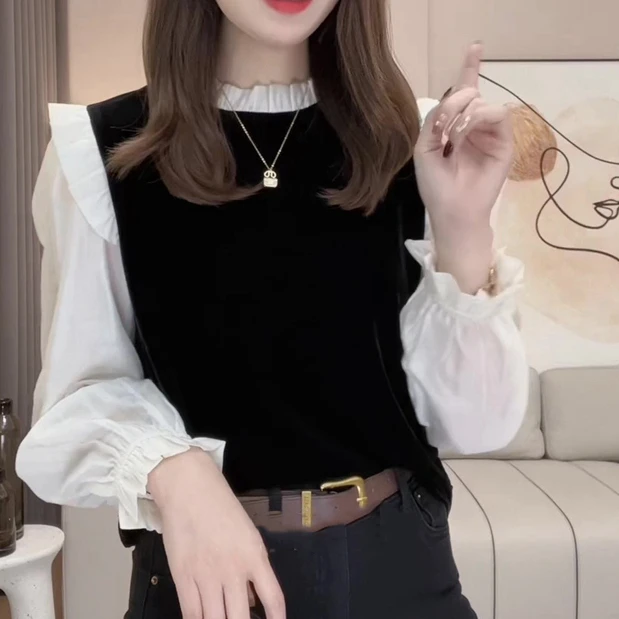 法式温柔撞色蕾丝拼接丝绒衬衫女春季时尚气质显瘦假两件小衫上衣