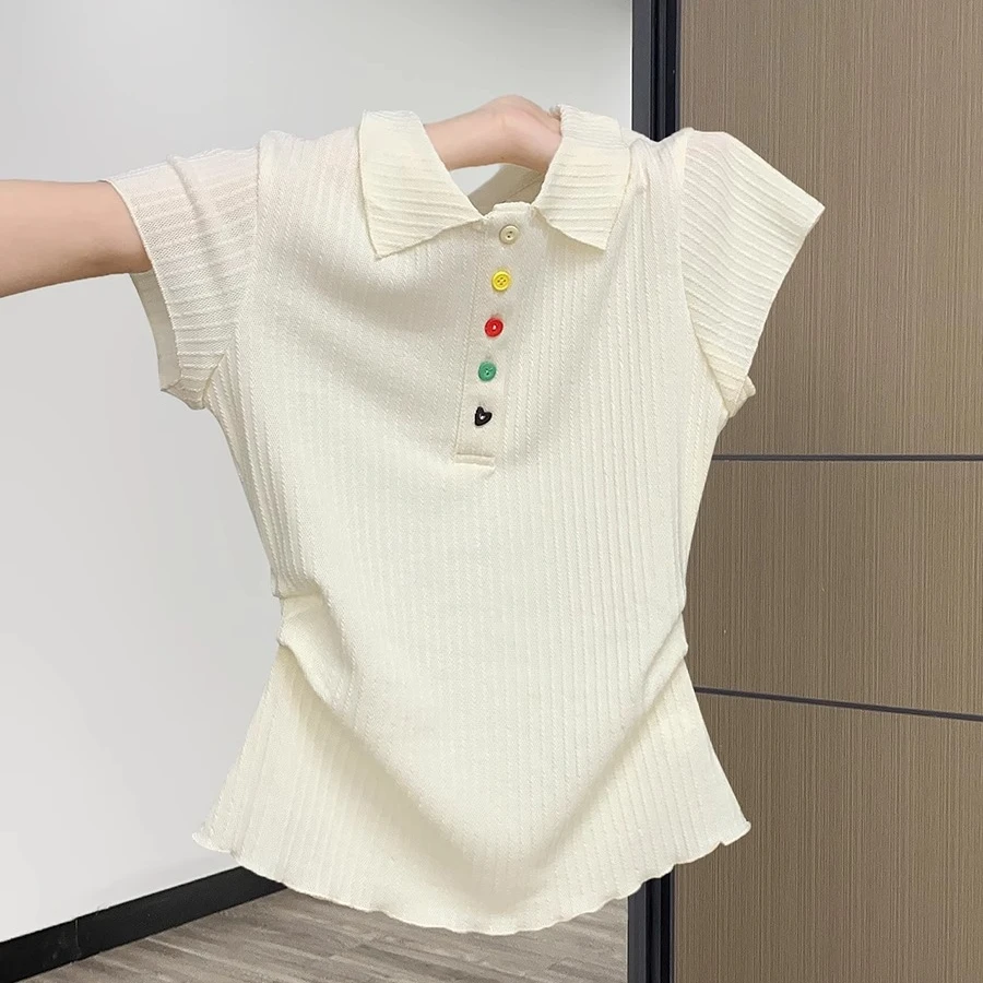 2025彩色纽扣Polo翻领杏色甜美短袖夏季褶皱收腰T恤上衣女气质ins