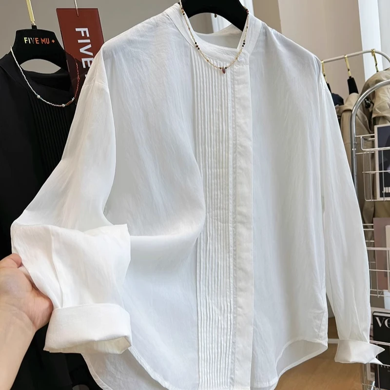 1072重工褶皱气质圆领长袖衬衫女初春薄款法式小衫独特别致上衣