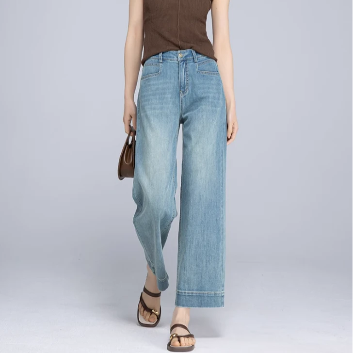 女士八分阔腿牛仔裤女早秋2025新款高腰显瘦窄版九分奶奶直筒裤子