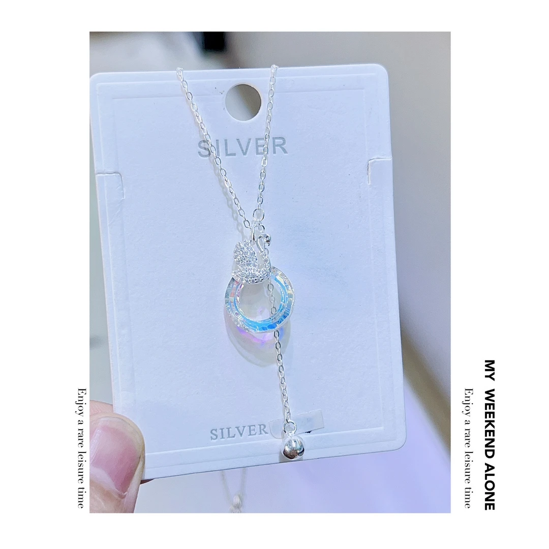 坠链均足银 990纯银项链女彩钻天鹅吊坠锁骨链套链新年送女朋友