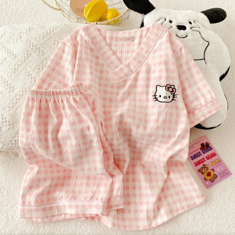 短袖短裤睡衣夏女v领套装云朵棉夏季休闲宽松卡通家居服两件套