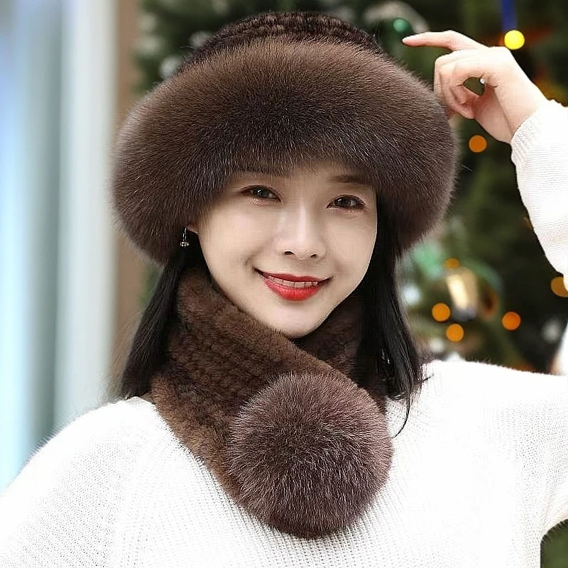 水貂皮草中老年冬季帽子加厚妈妈款蒙古帽围巾帽子套装洋气渔夫帽