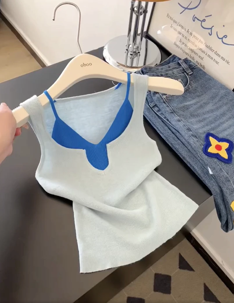 2025新款撞色修身背心女纯欲百搭显瘦假两件吊带通勤无袖拼接上衣