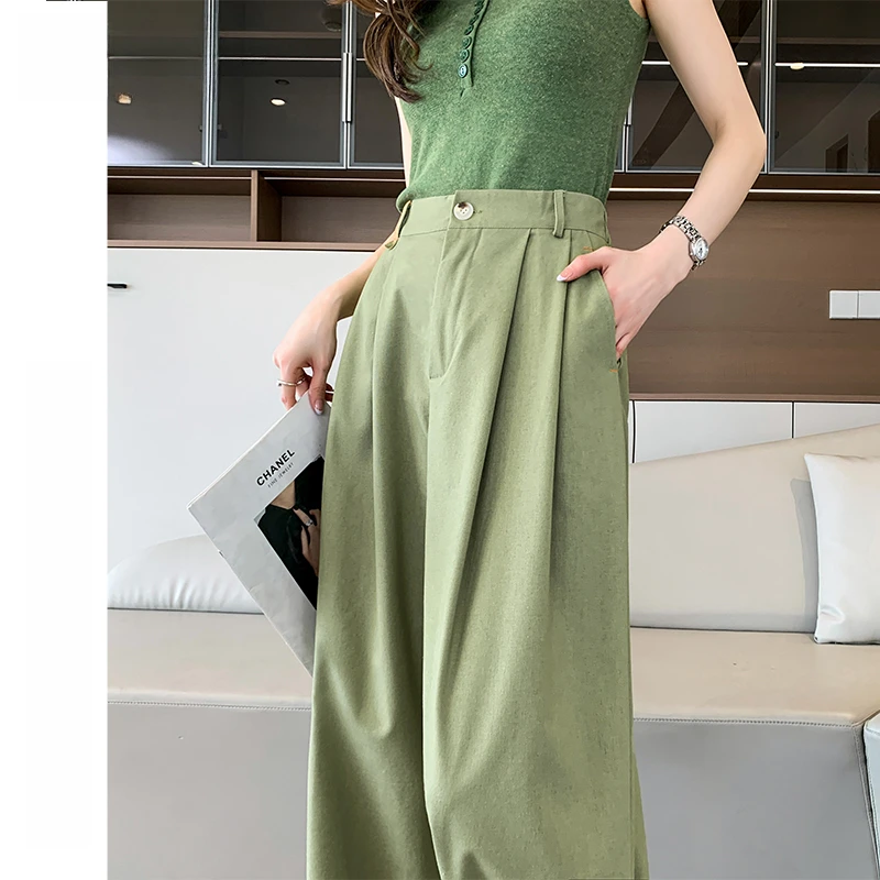 棉麻阔腿裤女2025春秋夏季新款高腰高个子加长宽松休闲直筒西装裤