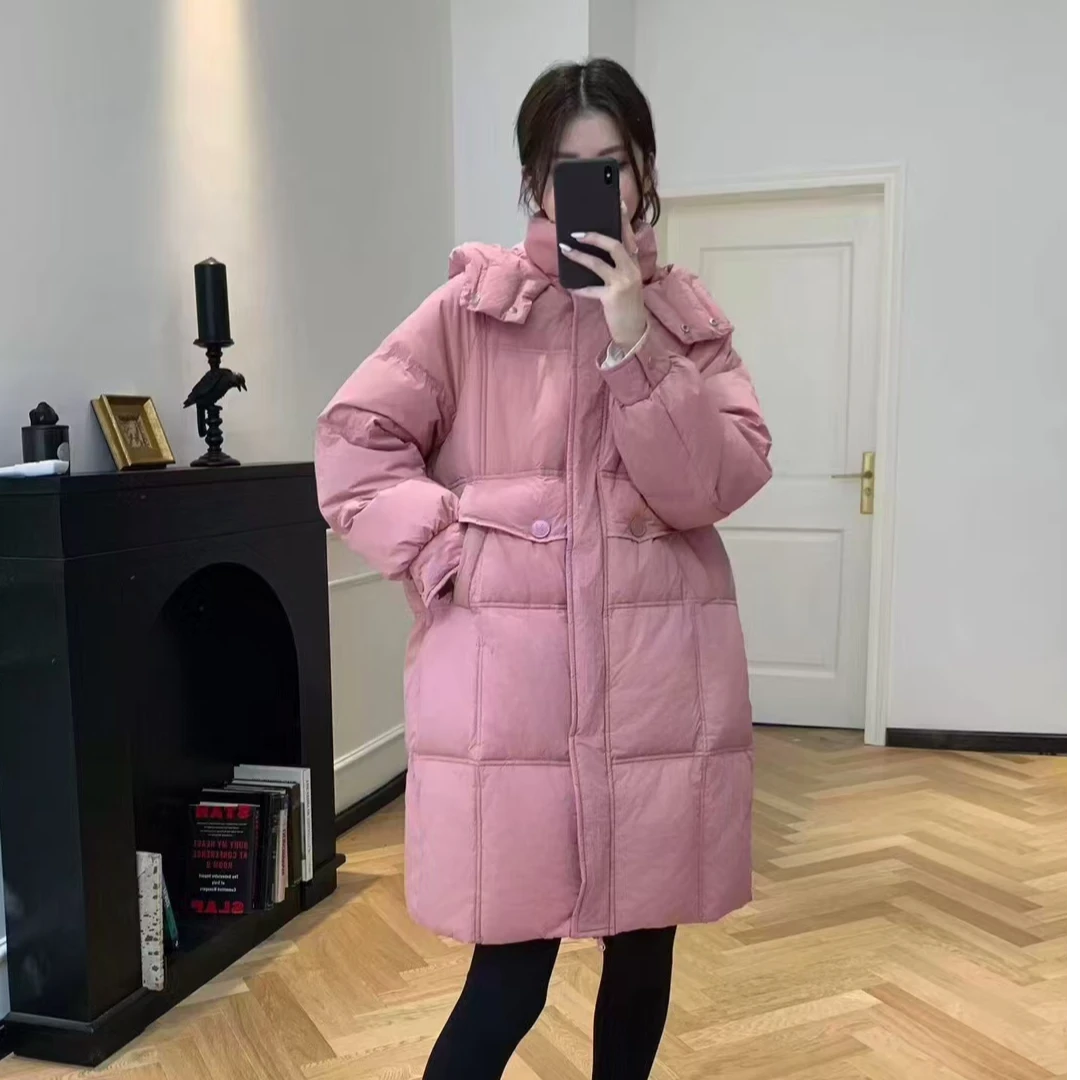 【工厂直销】冬季长款白鸭绒高级感时尚女韩版宽松加厚收腰连帽羽