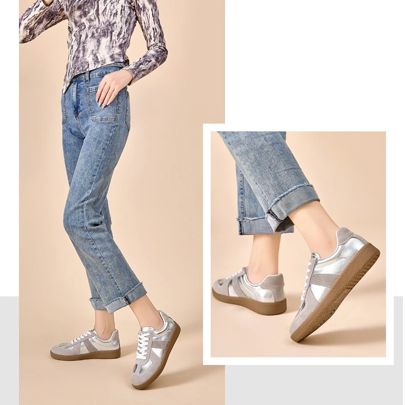 2025年春秋新款银色真皮德训鞋女休闲运动平底板鞋
