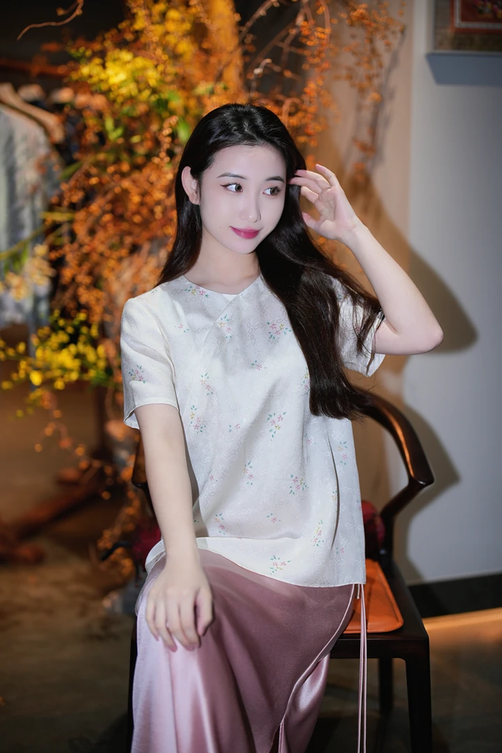 蓝大【雪鹤鸣】新中式桑蚕丝短袖7693