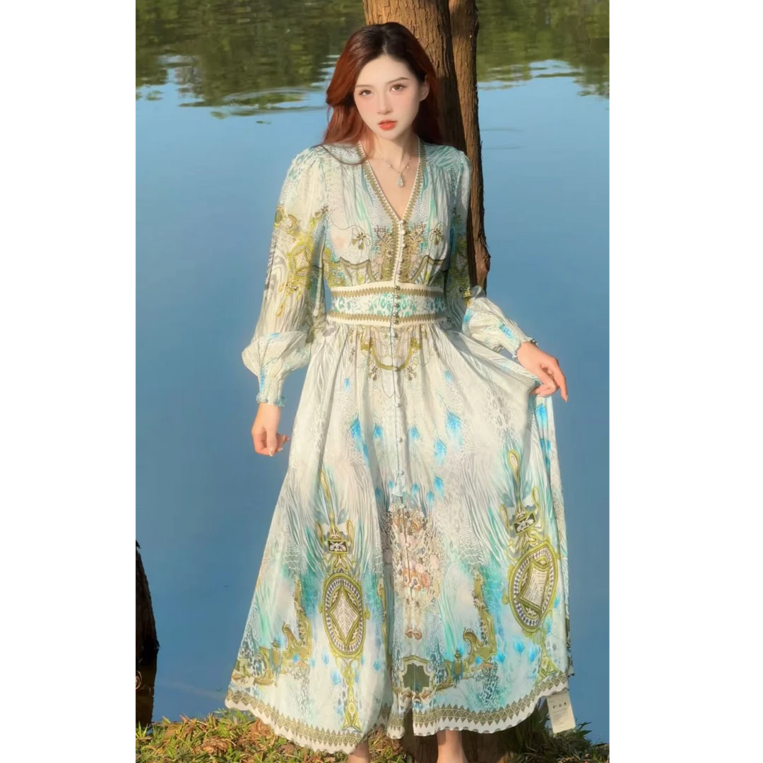 【2026雾屿春织-瑶瑶】重磅桑蚕丝V领长袖收腰显瘦连衣裙BX-95009