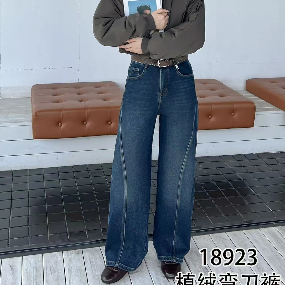 长裤街头风直筒裤厚款牛仔裤韩版植绒秋冬蓝色弯刀裤18923