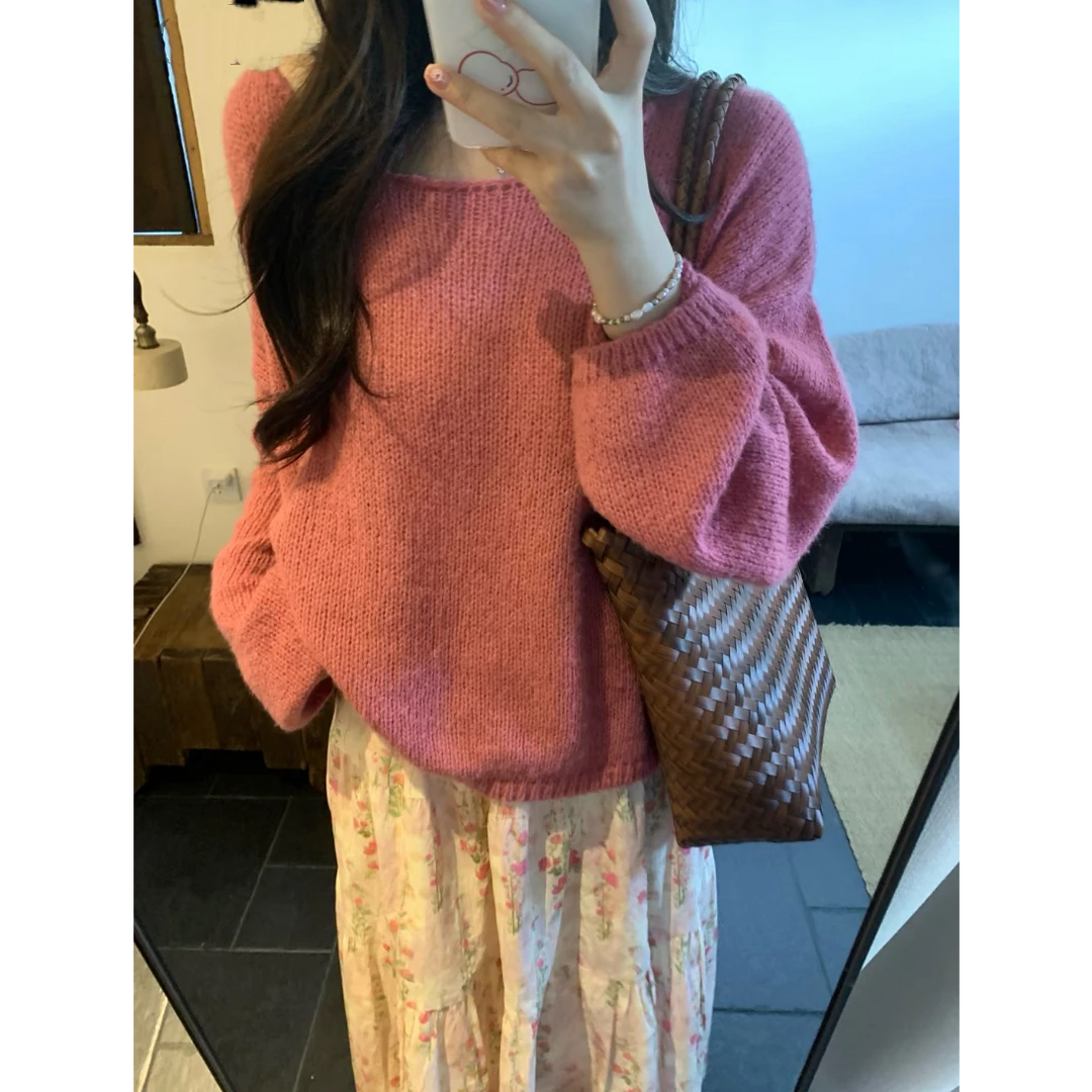 韩系松弛感温柔慵懒休闲风毛衣上衣+显瘦碎花半身裙两件套装D735