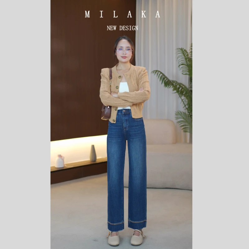 【靛蓝织梦】2025秋四面弹直筒牛仔裤女阔腿裤小个子高腰刺绣奶奶裤