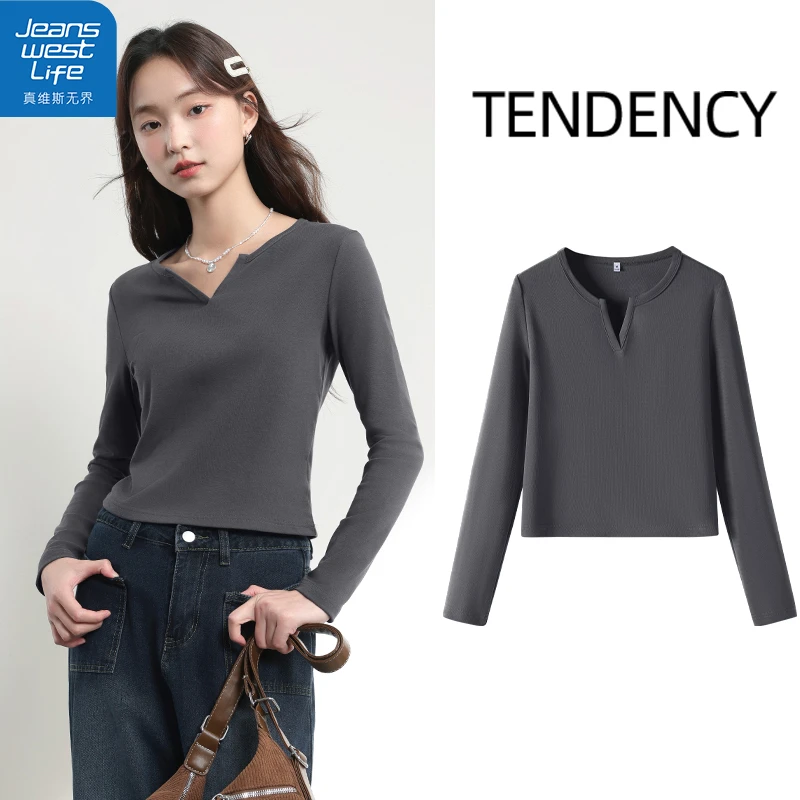 真维斯无界春夏气质显瘦高级感小V领紧身长袖T恤时尚百搭女装上衣