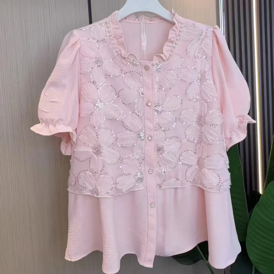 大码夏季法式刺绣亮片钉珠设计感圆领拼接蕾丝假两件时尚别致短袖