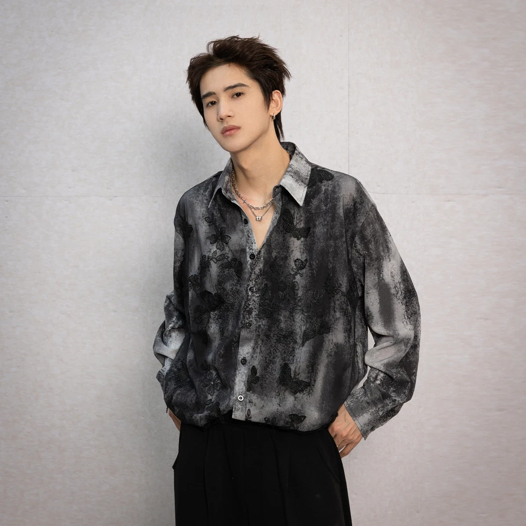 【雾南山蝶】立体蝴蝶网纱长袖衬衫男暗黑风休闲时尚开衫上衣