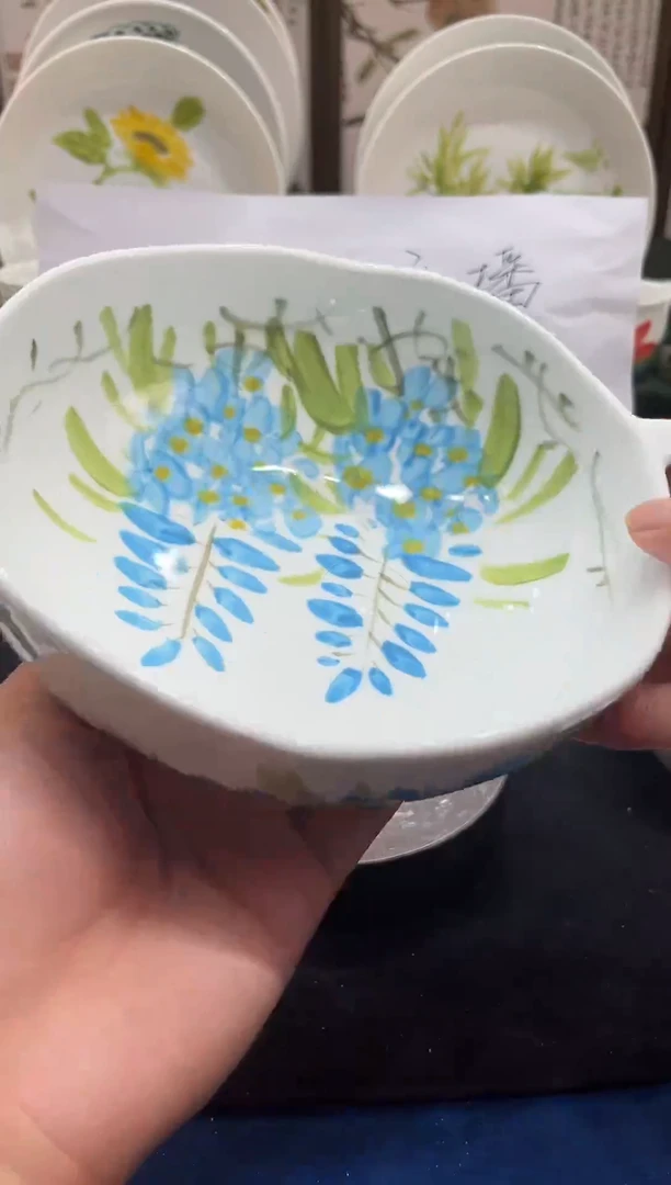 瓷片景德镇手工手绘高温釉下高白泥紫藤花面锅