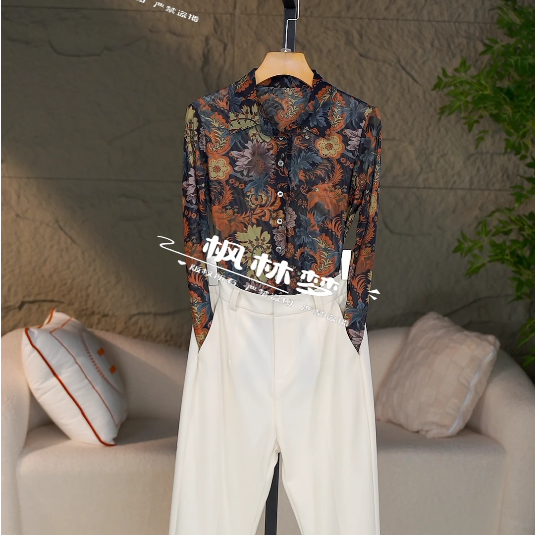 2025春装新款记忆纱气质修身显瘦时尚休闲长袖衬衫女上衣印花230