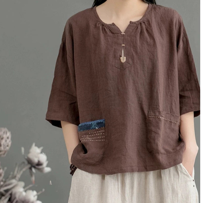 【当天发+退换包邮】棉麻短袖衣服宽松复古休闲夏季女装T恤498