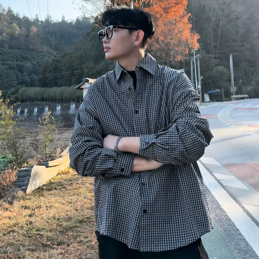 春秋新款复古格子长袖衬衫宽松休闲百搭外套