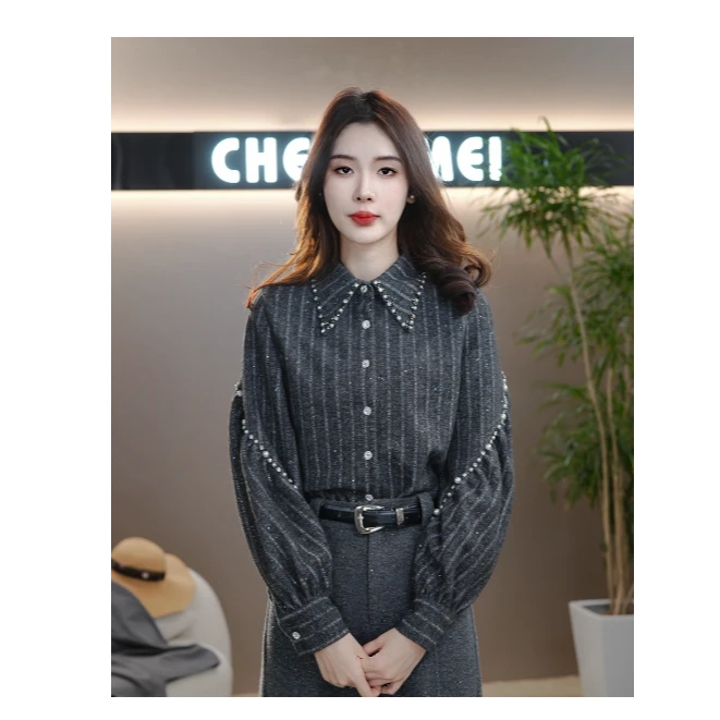 CYM1440简约翻领衬衫女秋冬季新款慵懒风内搭针织衫上衣显瘦时尚