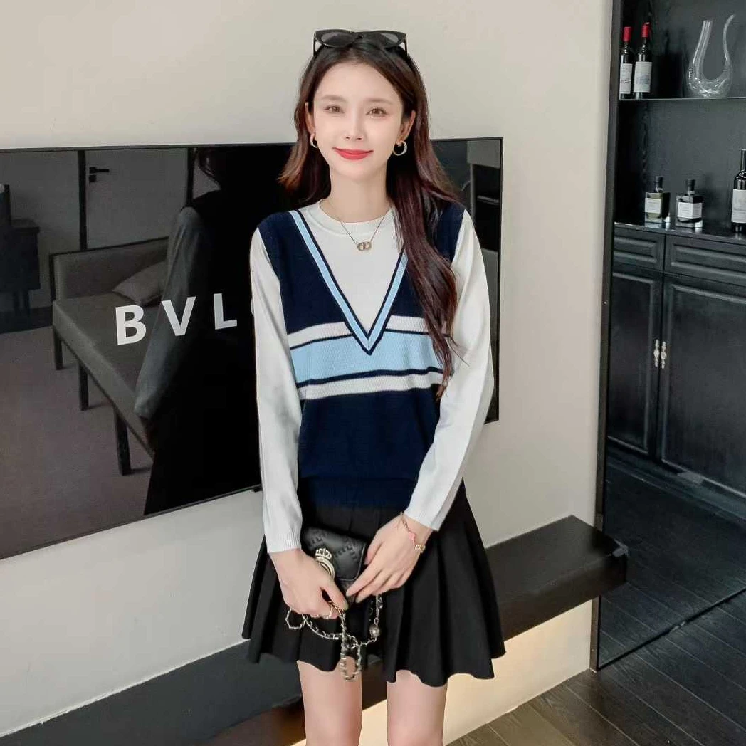 老钱风女式衣服名媛风港奢风圆领假两件拼接针织上衣