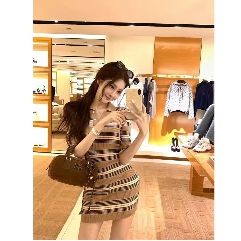 年糕wenn法式条纹polo领针织短袖连衣裙夏季纯欲辣妹修身包臀短裙