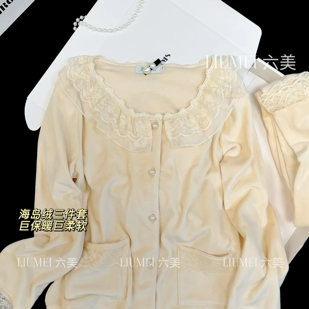 桃雾冬季新款海岛绒睡衣女加厚柔软长袖蕾丝娃娃领保暖秋冬家居服