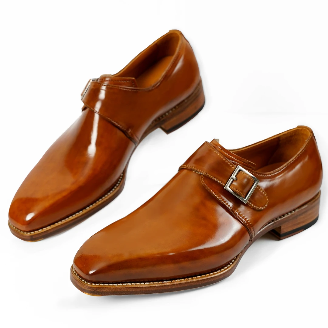 孟克鞋意大利马臀皮商务凿子头固特异暗线小提琴鞋底英伦皮底皮鞋